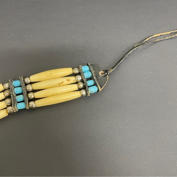Vintage Native American Natural Bone Bead Tie Choker Leather Blue Bolero Unisex - Picture 7 of 9